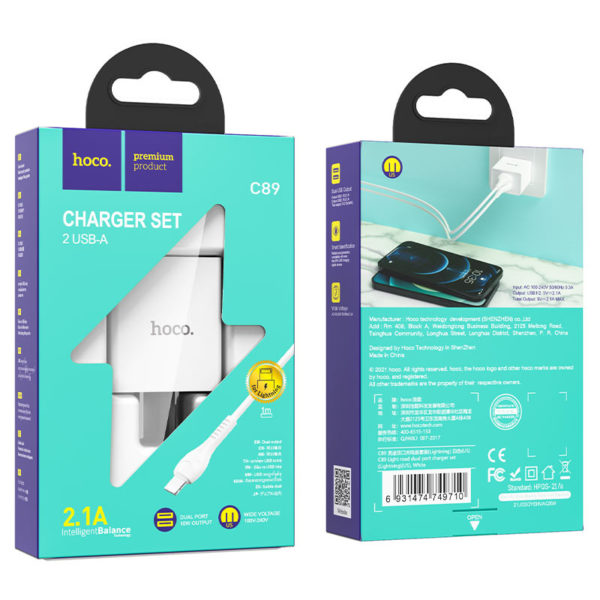 Hoco Dual USB 2.1A Charging Cube + 1M Lightning Cable (For Home Charger)