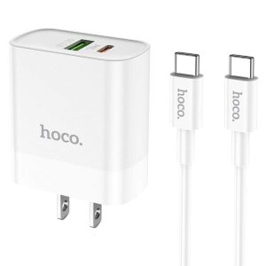 20W Hoco Dual Port USB-C & USB-A Wall Adapter+1M USB-C to USB-C Cable (White)