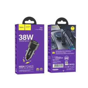 38W Hoco Dual Port USB-C & USB-A Car Adapter+1M USB-C to USB-C Cable (Black)